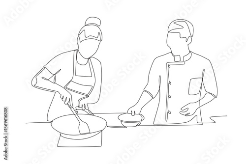 Chef who guides women to cook. Cooking classes concept one-line drawing
