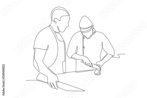 Chef demonstrating how to cut. Cooking classes concept one-line drawing