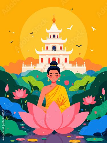 Happy Vesak day greeting card with Buddha, temple, lotus on golden background