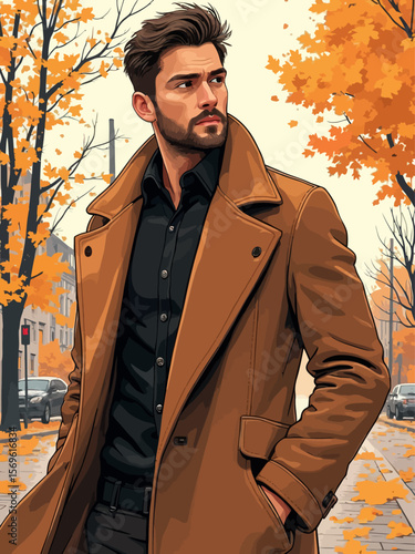 handsome attractive man wearing a structured wool coat in autumn