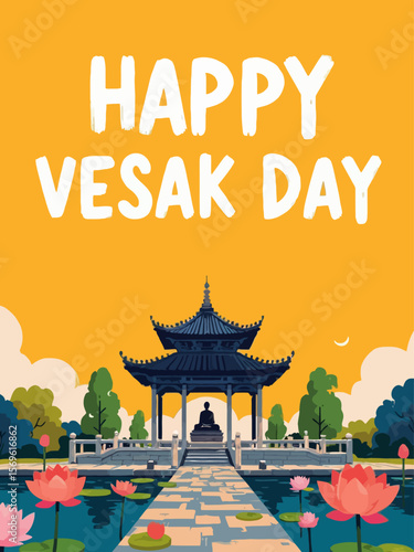 Happy Vesak day greeting card with Buddha, temple, lotus on golden background