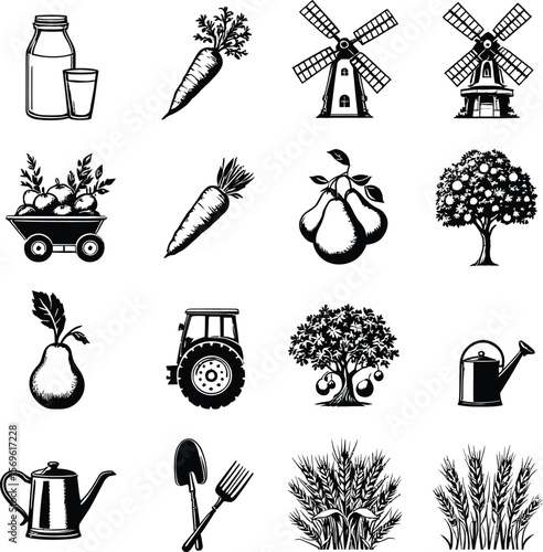 Vector farm agriculture icons set milk carrot windmill pear tree tractor wheat gardening tools design