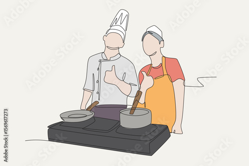 Colored chef and student pose happily. Cooking classes concept one-line drawing