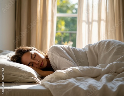 Woman sleeping under a light sheet, breeze from an open window.