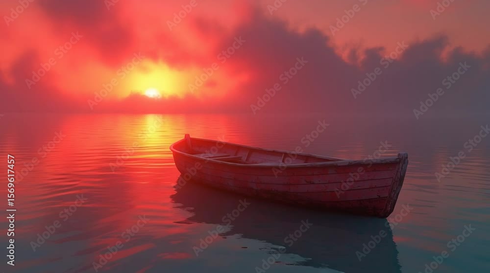 Lonely wooden boat floating on calm lake at red sunrise Lonely wooden boat floating on calm lake at red sunrise