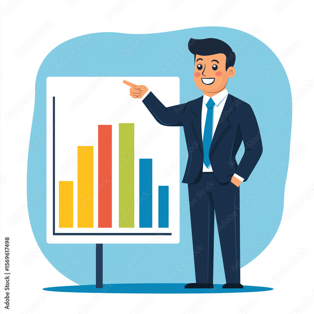 Businessman pointing at colorful bar chart on presentation board Businessman pointing at colorful bar chart on presentation board