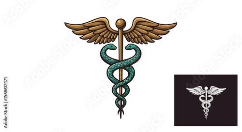 Caduceus medical symbol with two snakes and wings in detailed design