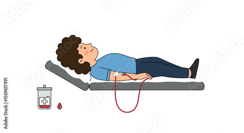Person donating blood in medical setting with drip bag and relaxed pose