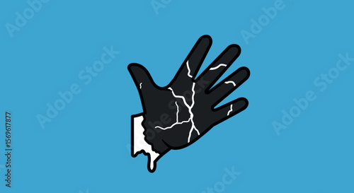 Gloved hand with white lightning on blue background
