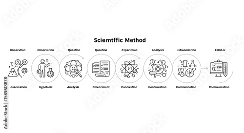 Scientific method diagram with typographic errors and line art icons