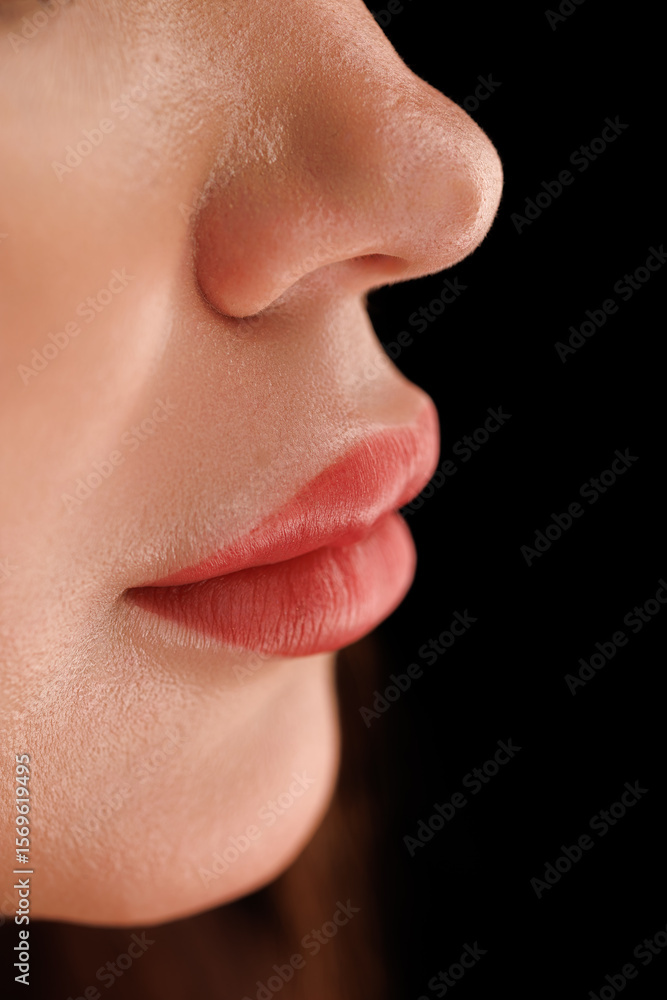 Obraz premium Rich pink lips with precise contouring and clear skin, captured in soft lighting.