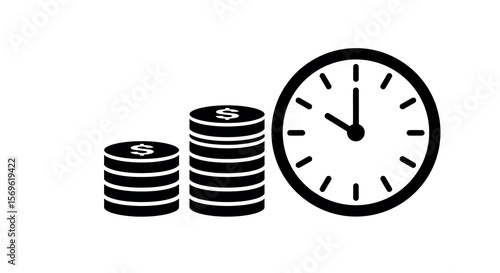 Minimalist money and time concept with coin stacks and clock icon