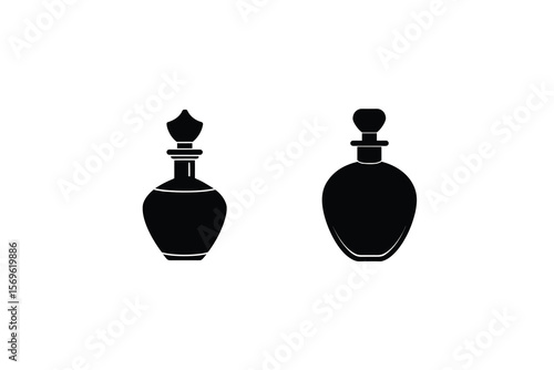 Silhouette illustration of two vintage perfume bottles on a plain white background in simple style	