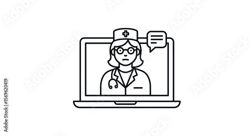 Online consultation with doctor on laptop screen in linear style