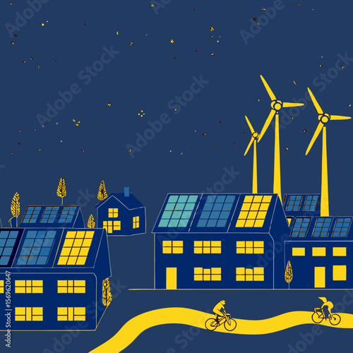 Cyclists riding at night in eco town with solar roofs and windmills
