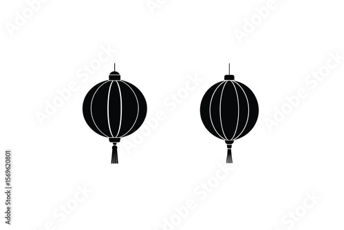 Two black silhouette lanterns hanging with tassels on a plain white background in a simple illustration