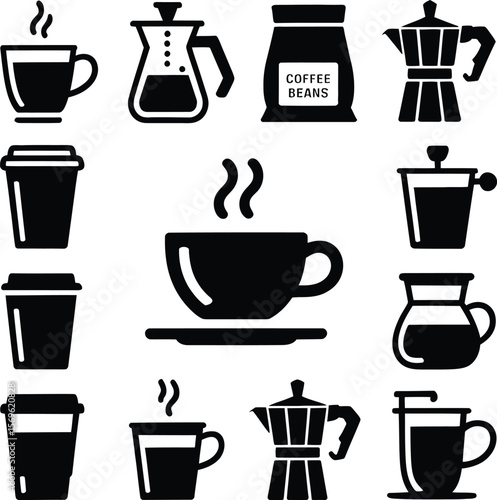Vector coffee icons set, coffee cups, coffee pot, coffee maker, coffee beans, cafe, espresso, latte