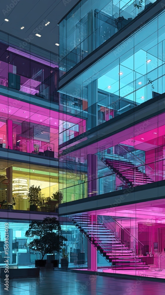 Obraz premium A vibrant digital painting of a modern office with neon-lit glass walls