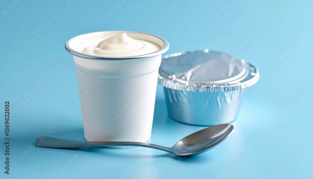 Yogurt Cup Mockup With Foil Lid And Spoon Beside It Isolated On Pale Blue Surface Yogurt Cup Mockup With Foil Lid And Spoon Beside It Isolated On Pale Blue Surface