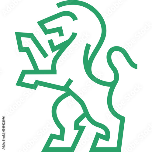 A stylized green lion rampant symbol on a black background representing strength and heraldry