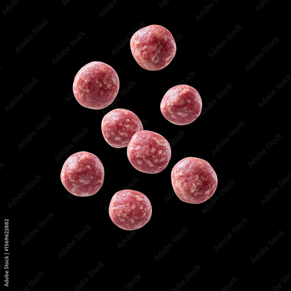 Obraz premium Bouncy meatballs with tender elastic texture, showcasing vibrant red color against black background, evoke sense of freshness and culinary delight