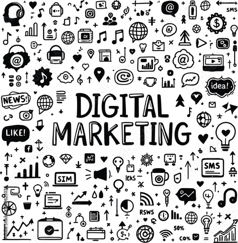 Digital marketing strategy online business social media doodle icons vector illustration