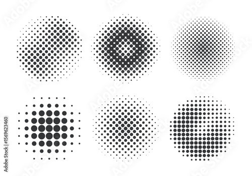 Halftone fade effect shapes. Vector illustration of set of black circular design elements with spotted texture isolated on a transparent background.