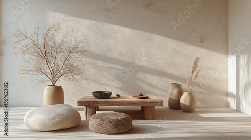 Japandi style living room with natural wood table, textured pouf, ceramic vases, and dried plants creating calm and cozy atmosphere with soft sunlight shadows