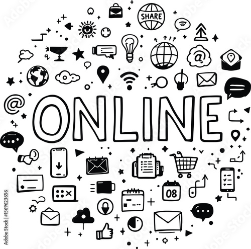 Online business marketing strategy social media network communication vector doodle illustration art 100