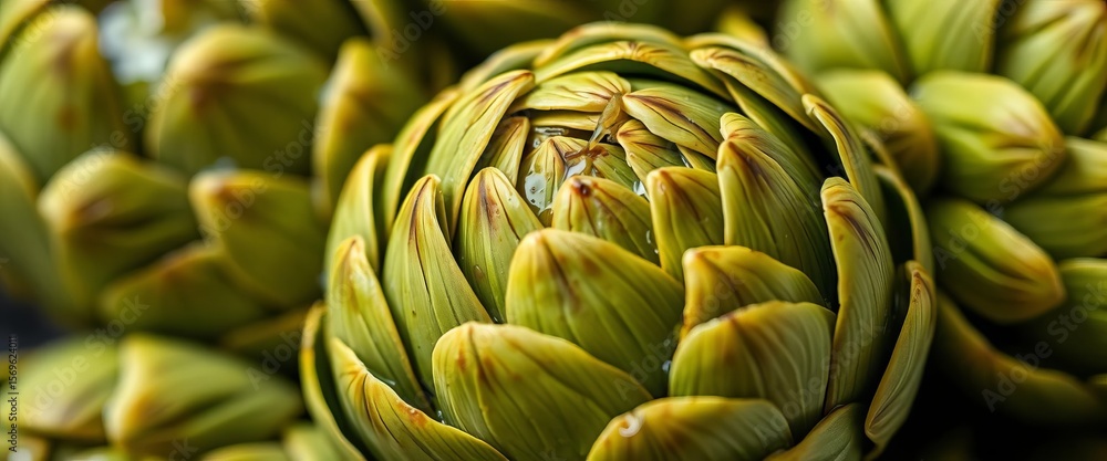 Fototapeta premium Close-up of vibrant green artichoke hearts, glistening with olive oil, ready to be served, modern kitchen, leaf