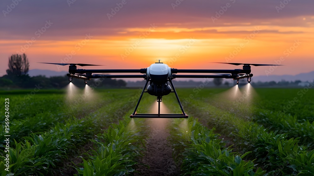 Naklejka premium Agricultural drone flying over sunset field