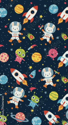 Cute cartoon bunnies and aliens in astronaut suits explore outer space with rockets and planets in a whimsical cosmic adventure.