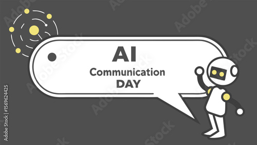 Friendly AI robot announces AI Communication Day;  modern minimalist design,  celebratory mood,  technological advancement concept,  vector illustration,  flat style graphic.