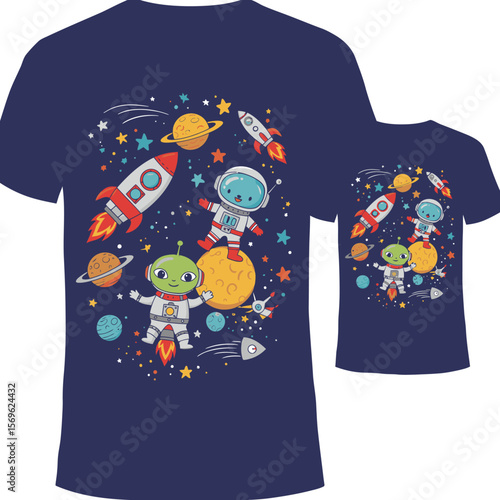 Cute cartoon astronauts and aliens explore outer space with rockets, planets, and stars in a fun, colorful cosmic adventure.