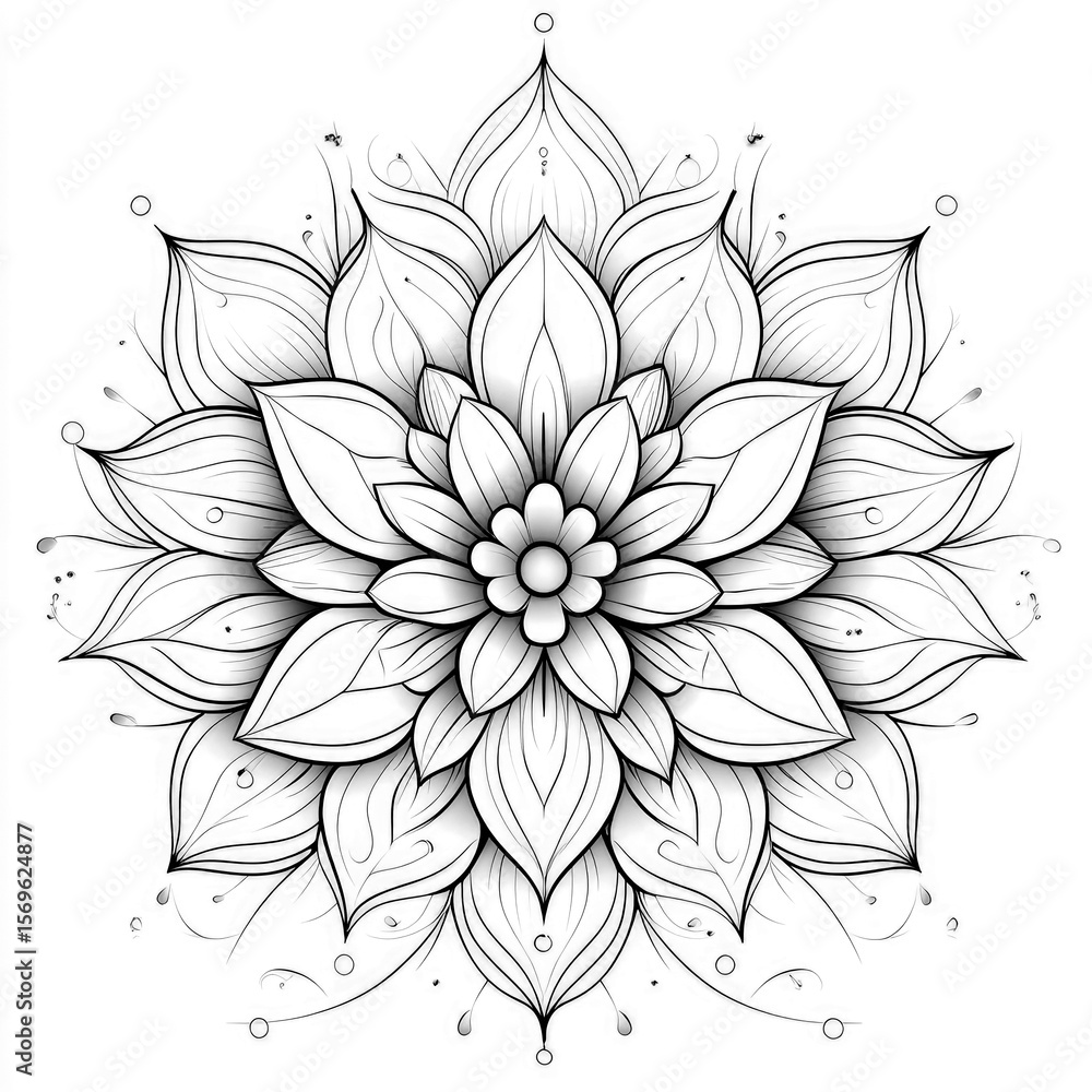custom made wallpaper toronto digitalThe symmetric mandala is a detailed floral design composed of layered petals and swirling flourishes, presented as a black and white outline vector on a white background