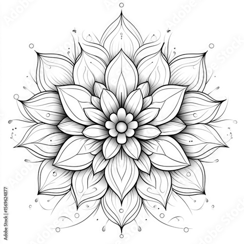 Wallpaper Mural The symmetric mandala is a detailed floral design composed of layered petals and swirling flourishes, presented as a black and white outline vector on a white background Torontodigital.ca