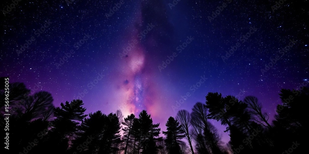 Fototapeta premium Silhouetted trees against a vibrant, star-filled night sky, impressive, deep sky
