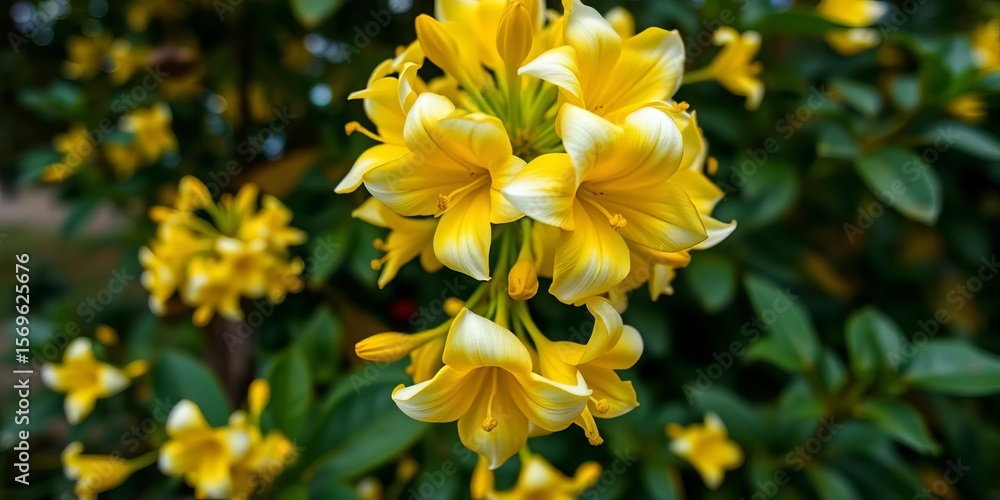Fototapeta premium Eye-level close-up of vibrant yellow and white honeysuckle flowers in a garden, flora, colorful