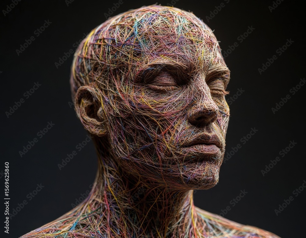 Naklejka premium A head formed entirely from colorful tangled threads in a woven pattern.