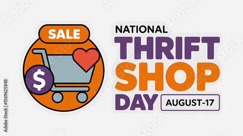 National thrift shop day august 17th with shopping cart and sale sign