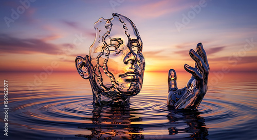 Fototapeta Naklejka Na Ścianę i Meble -  Abstract Human Head Disintegrating in Serene Lake

