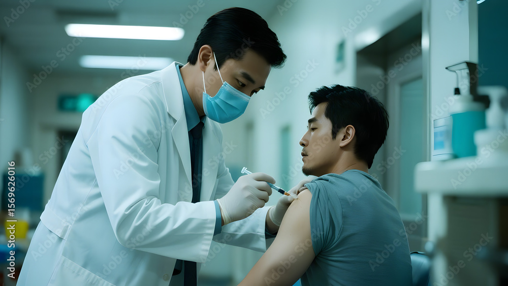 Obraz premium A male Asian doctor wearing a white coat and medical mask, injecting a patient’s arm at the cubital fossa in a modern hospital. Clean, clinical environment, bright lighting. Focused and professional 