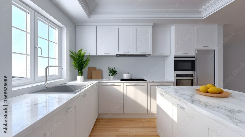 Fototapeta premium Bright and modern white kitchen interior