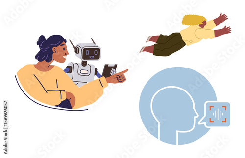 Woman interacting with a robot, speech recognition visualized with head profile and sound, flying person representing creativity. Ideal for teamwork, AI, innovation, technology, future, creativity