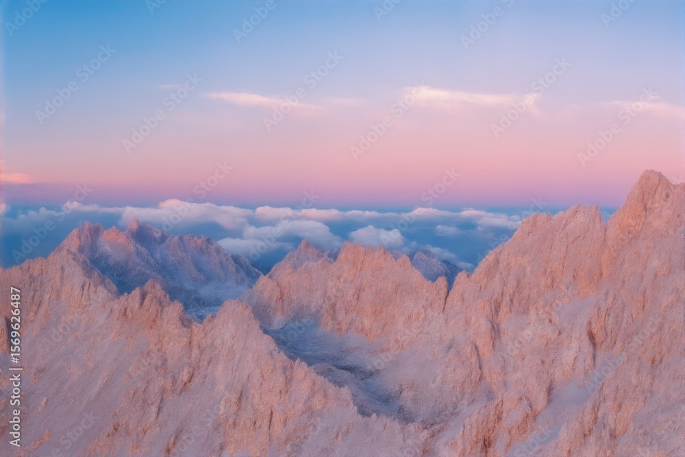 Fototapeta premium Majestic alpine mountains at sunrise with soft pastel colors and clouds hanging low