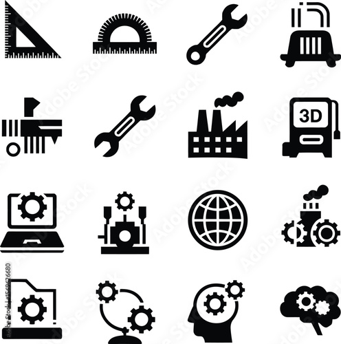 Engineering industry icons vector set design for manufacturing process automation and technology concept