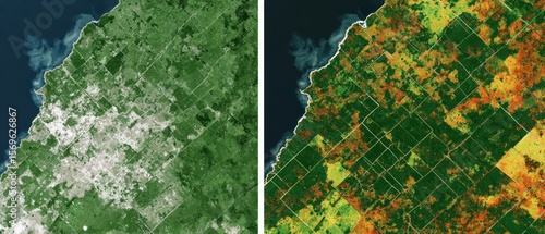 Side-by-side satellite images showing a geographic region with water, urban areas, and vegetation in different spectral views.