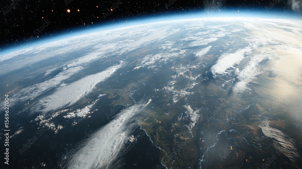 Fototapeta premium A stunning view of Earth from space showing land, clouds, and the curvature of the planet against a starry background.