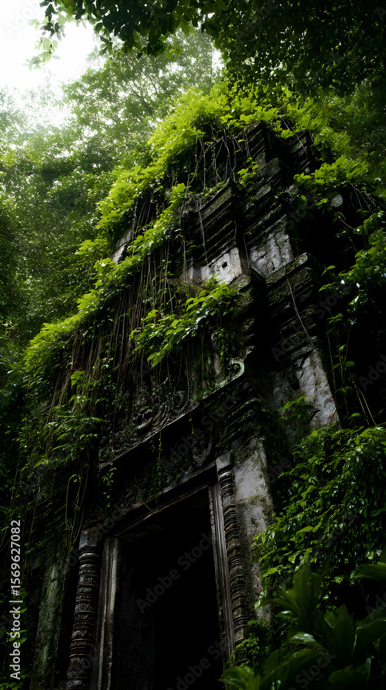 An ancient temple covered in dense jungle vines with intricate carvings - An ancient temple covered in dense jungle vines with intricate carvings -