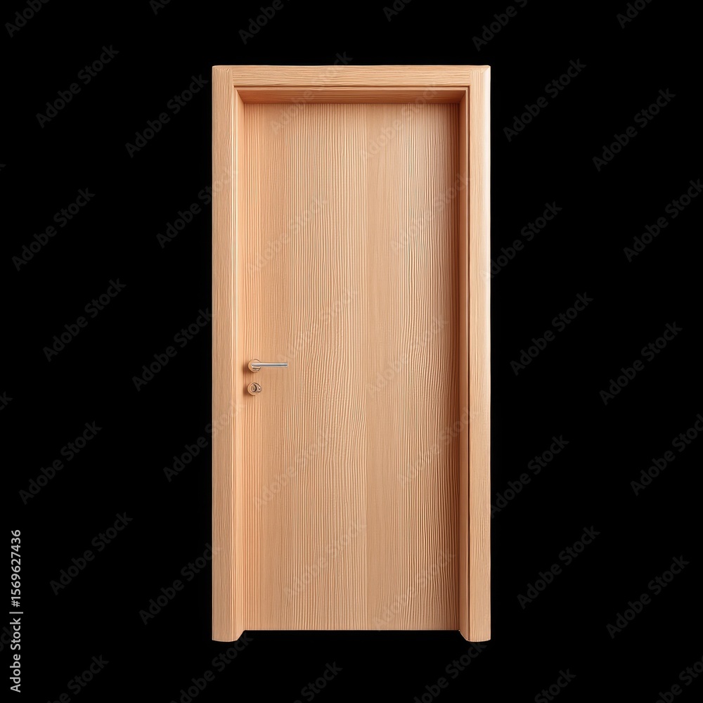 Fototapeta premium Minimalist wooden flush door in light beech finish, showcasing sleek design and modern aesthetic, perfect for contemporary interiors. This door adds elegance and simplicity to any space